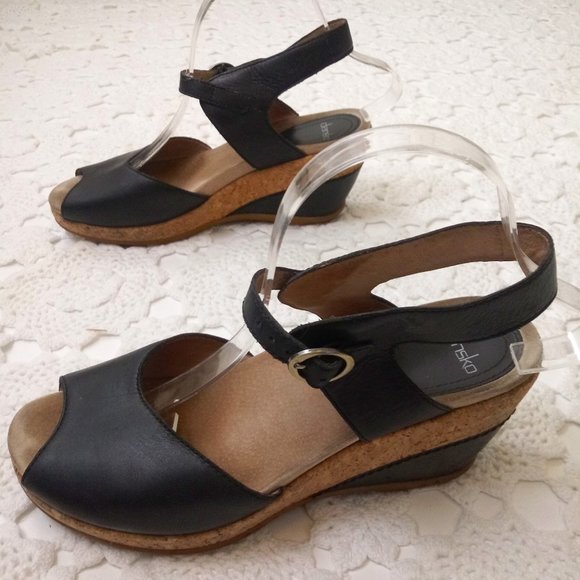Dansko Shoes Dansko Comfort Sandals Black Leather Ankle Strap Wedge